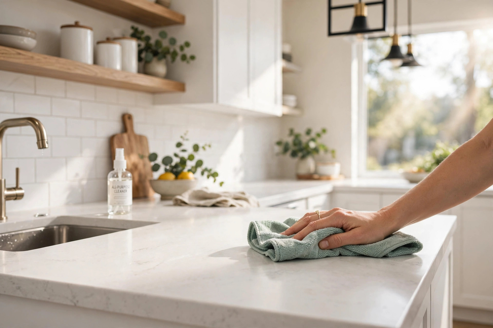Wiping down a white quartz countertop with a microfiber cloth