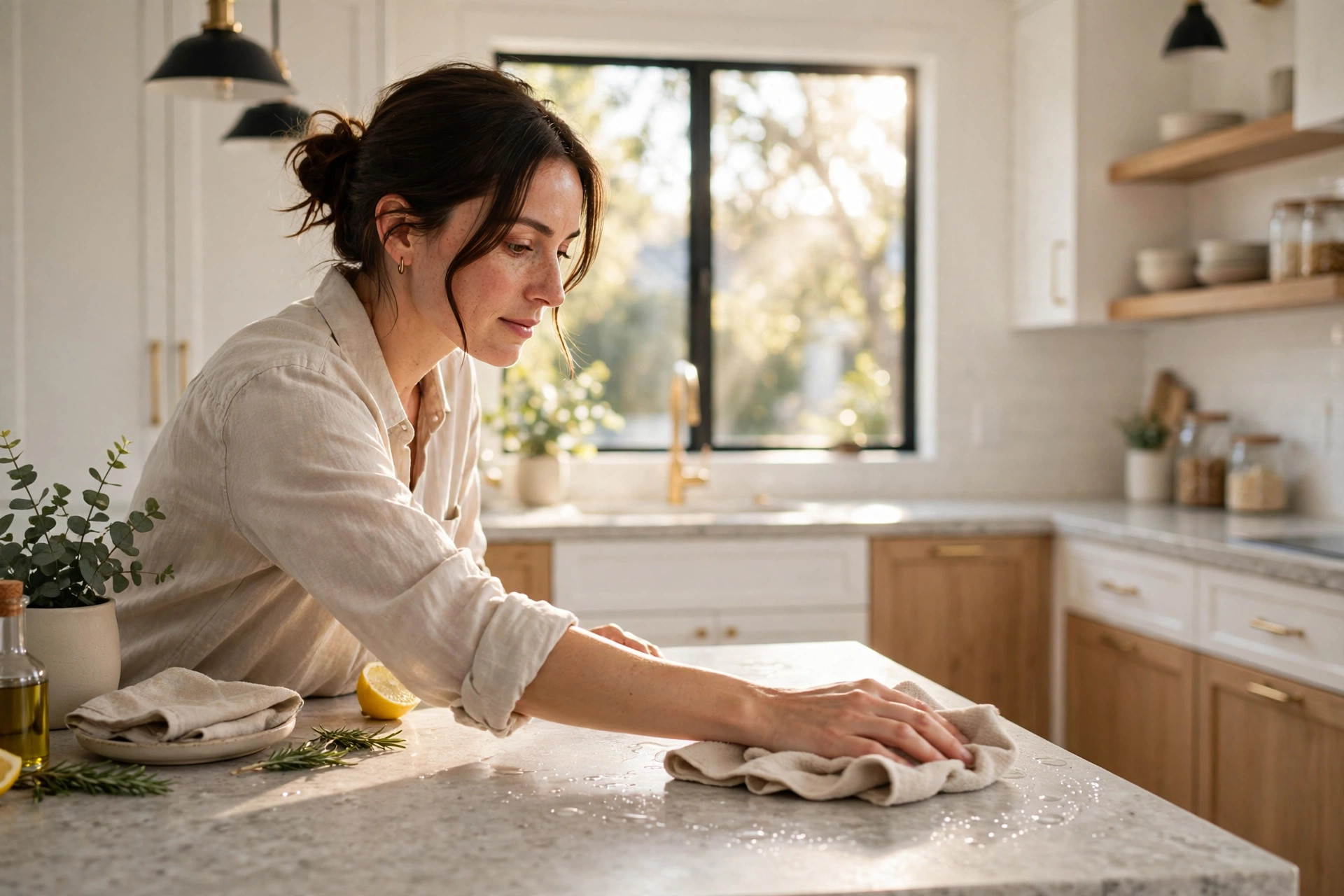 Wiping a stone kitchen countertop during daily cleaning