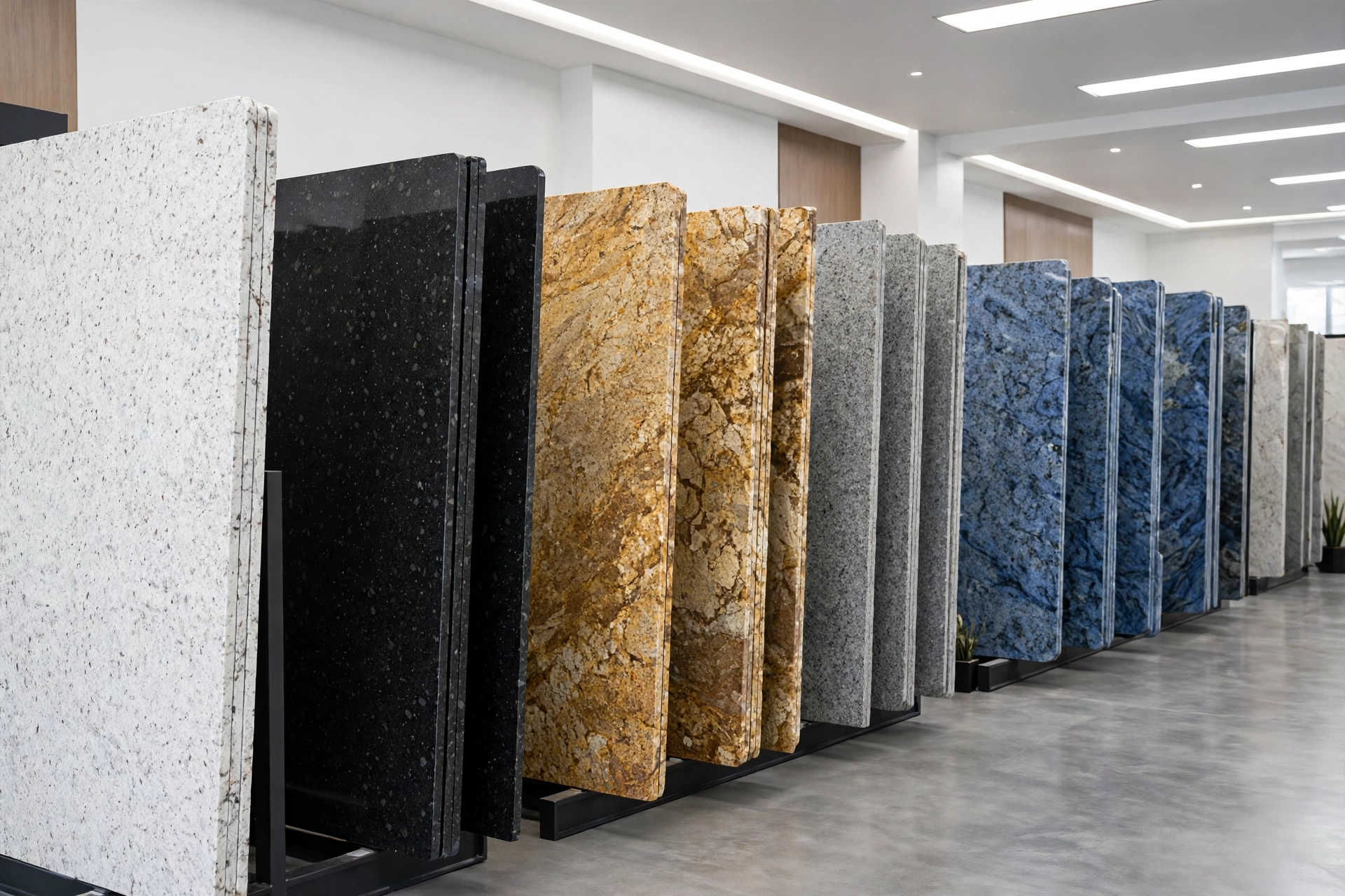 Stone showroom displaying large granite slabs in many colors including white, black, gold, gray, and blue