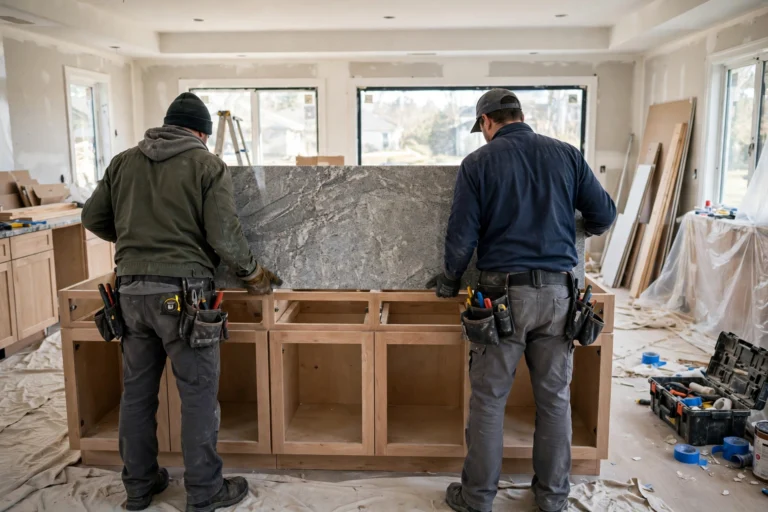 Professional installers setting a large polished granite countertop slab onto kitchen base cabinets