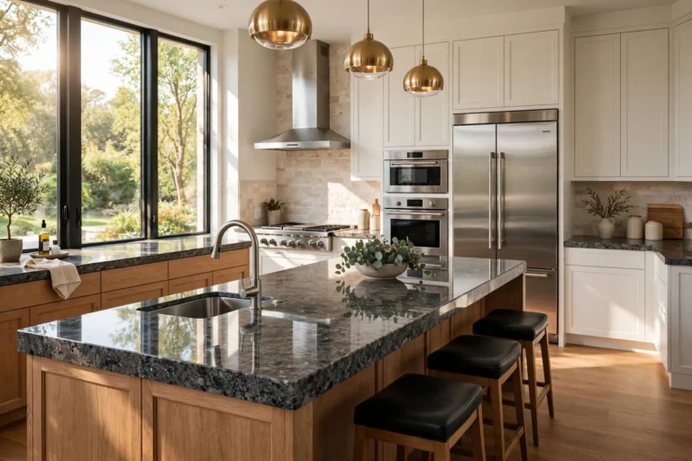 Modern kitchen with polished granite countertops on a large island and perimeter counters