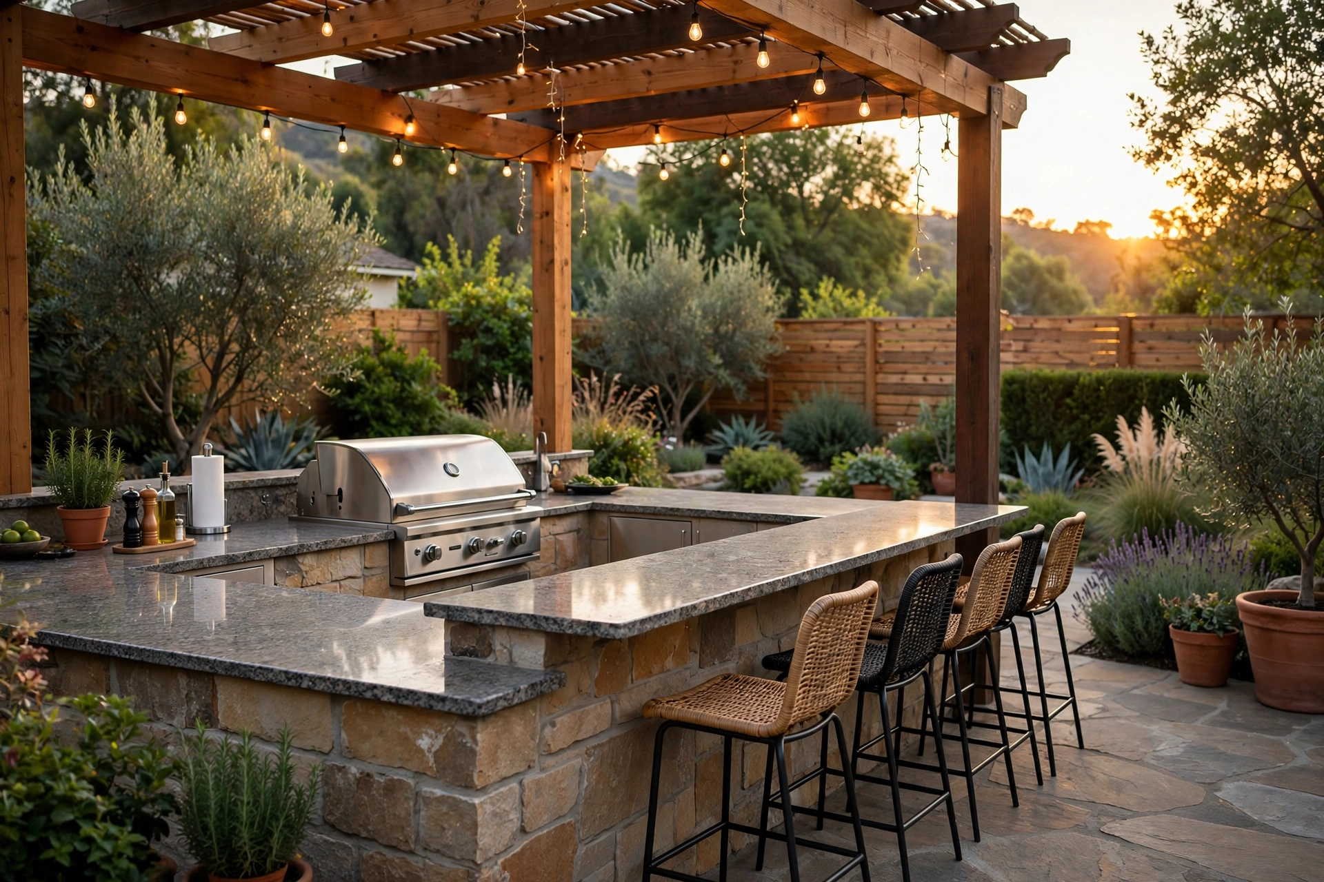 Outdoor kitchen patio with granite countertops on a built-in grill island at golden hour