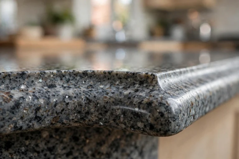Close-up of a polished granite countertop edge with an elegant curved ogee profile