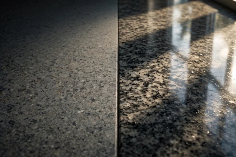 Split-view close-up of granite countertop showing matte honed finish beside glossy polished finish