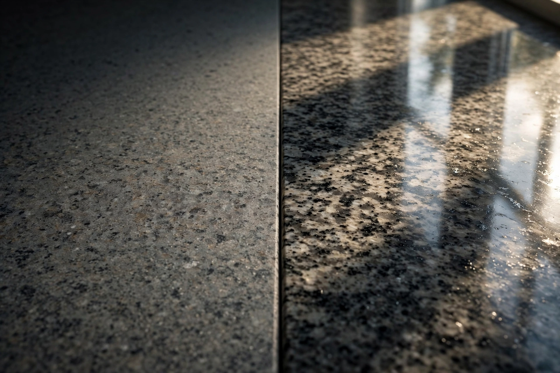 Split-view close-up of granite countertop showing matte honed finish beside glossy polished finish