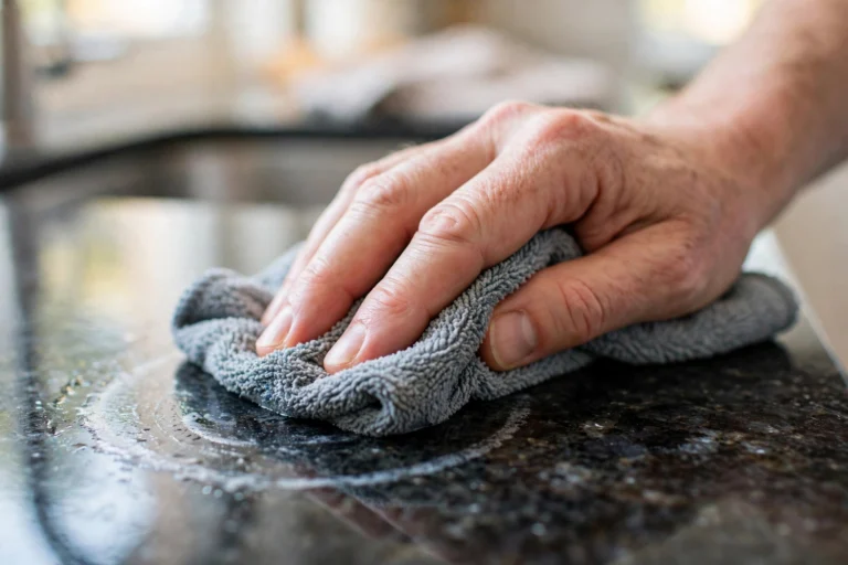 Hand wiping a faint water ring off a dark polished granite countertop with a microfiber cloth
