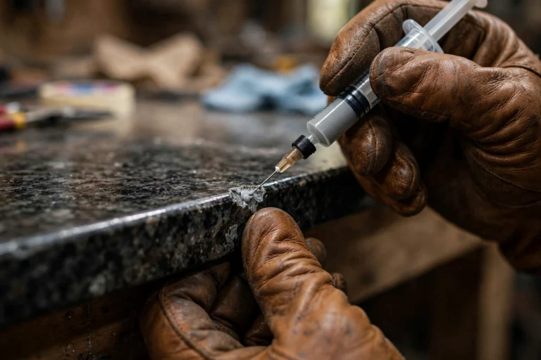 Craftsman's gloved hands repairing a small chip on a polished granite countertop edge