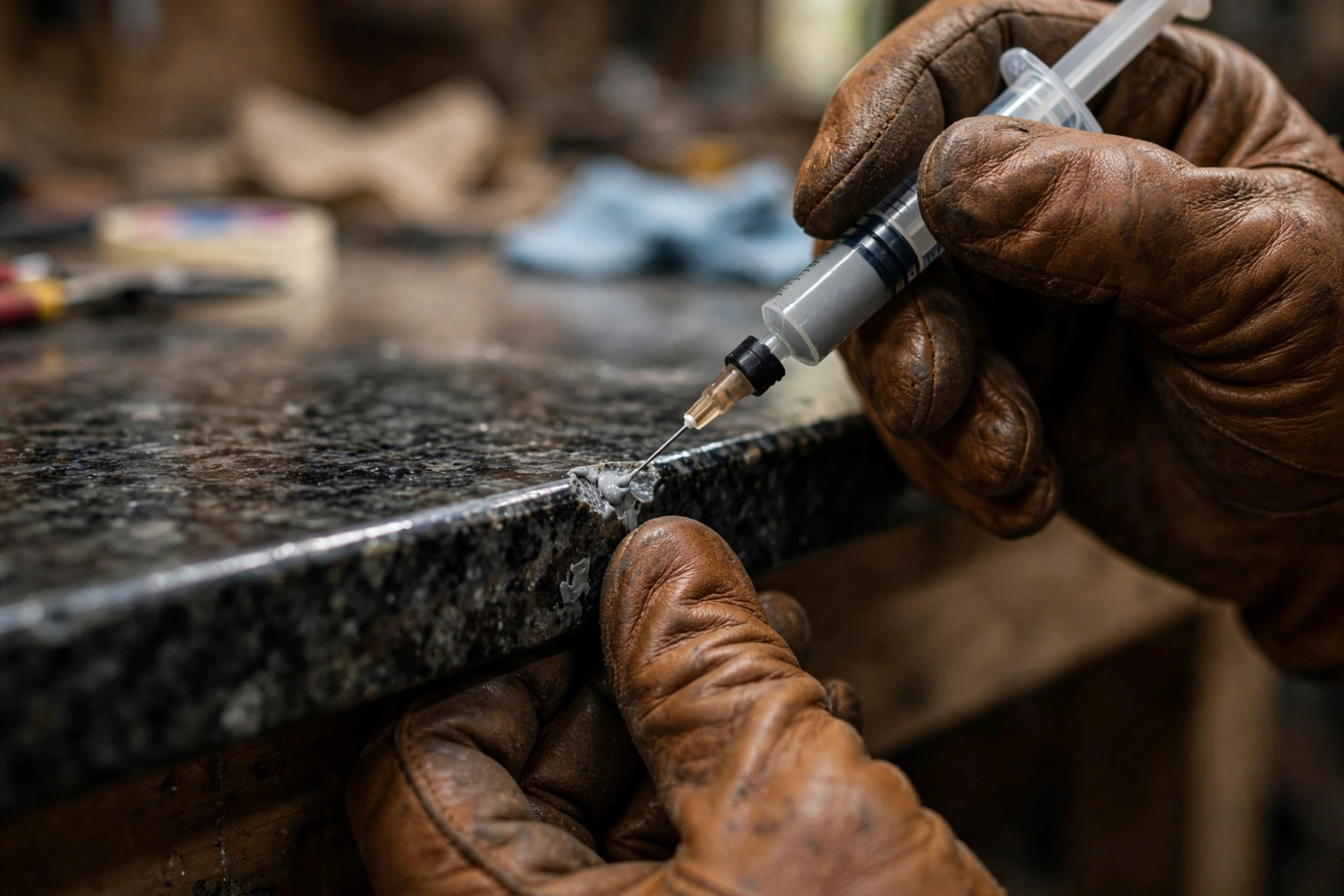 Craftsman's gloved hands repairing a small chip on a polished granite countertop edge