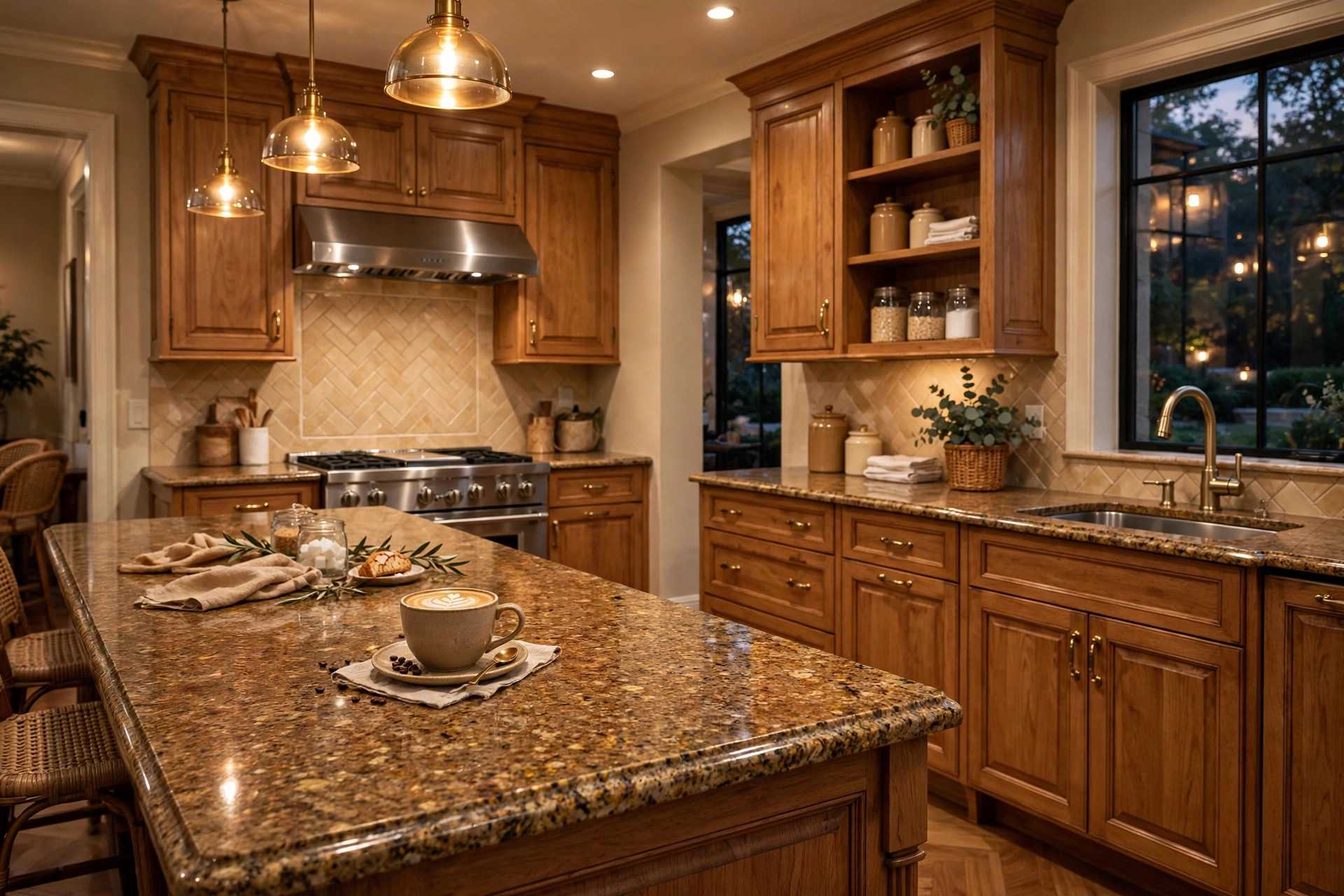 Granite countertop kitchen island with coffee