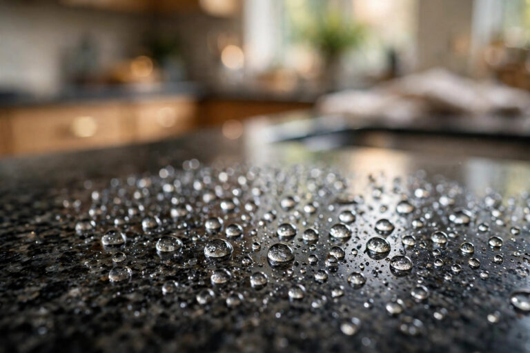 Water droplets beading on sealed granite
