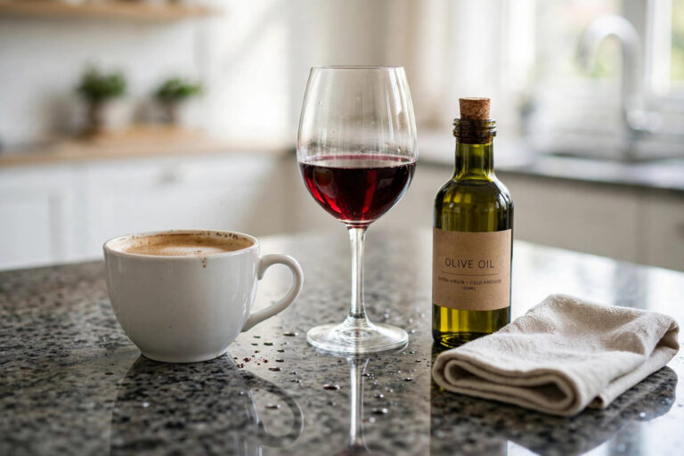 Granite countertop with coffee, wine and olive oil