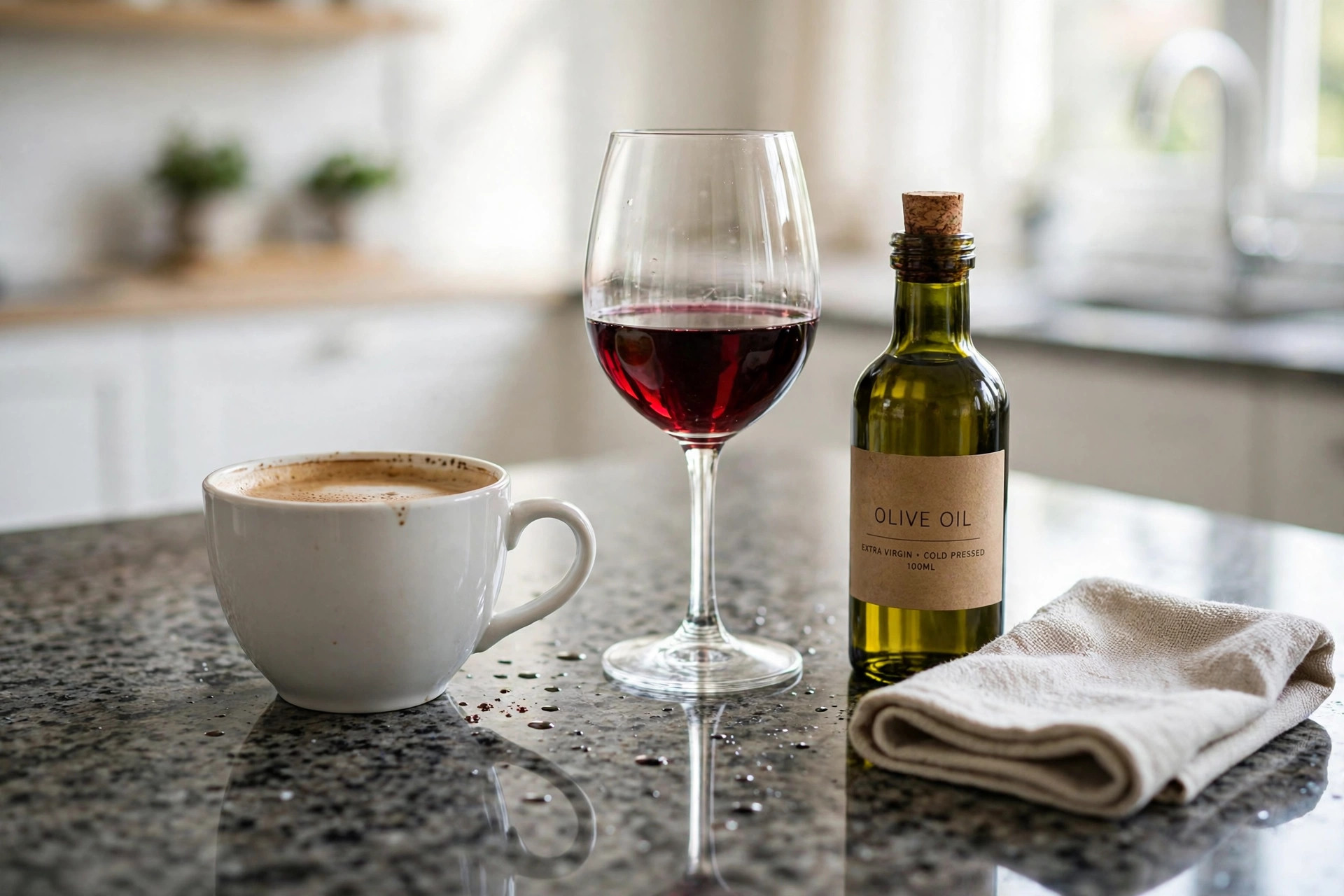 Granite countertop with coffee, wine and olive oil