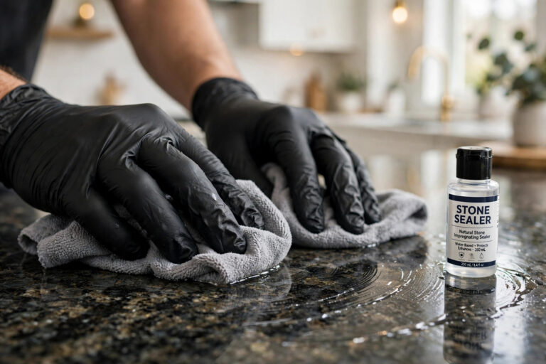 Applying stone sealer to a granite countertop