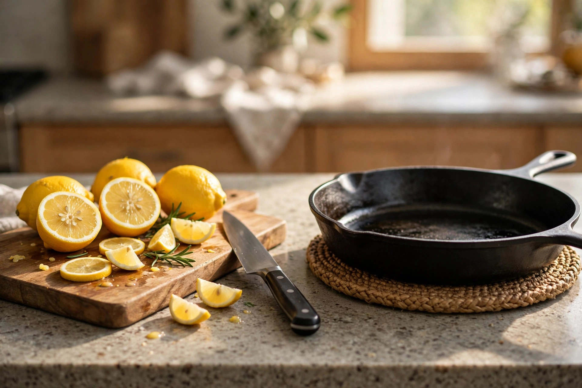 Cutting board, knife, lemons and hot pan on stone countertop
